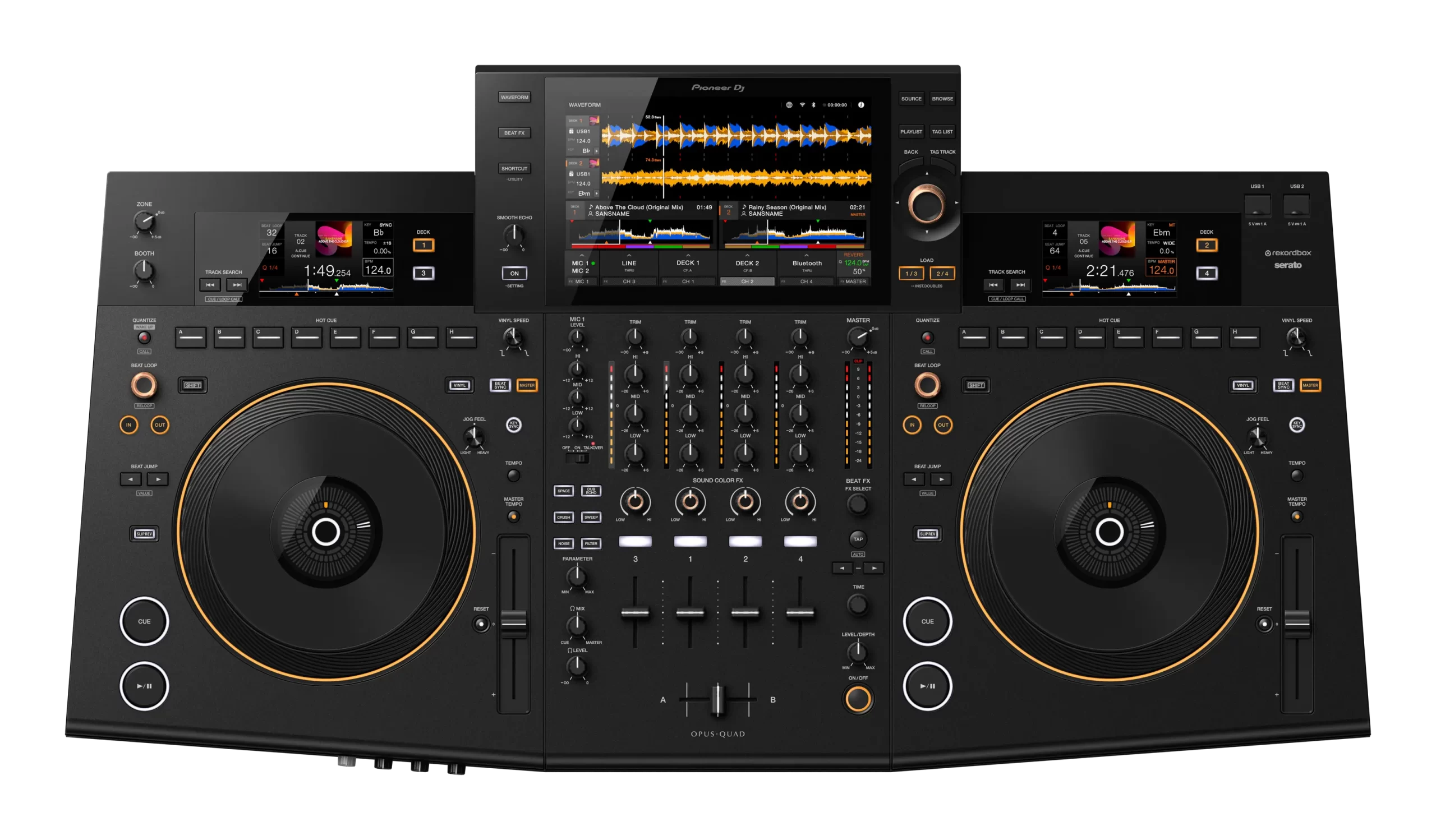 Pioneer OPUS‑QUAD DJ Controller üst görünümü, 4 deck ve dokunmatik ekranlı profesyonel DJ sistemi