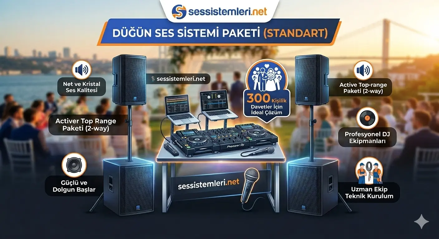 250-300 kişilik düğünler için 2 sub-bas ve 2 üst hoparlörlü profesyonel düğün ses sistemi paketi (standart)