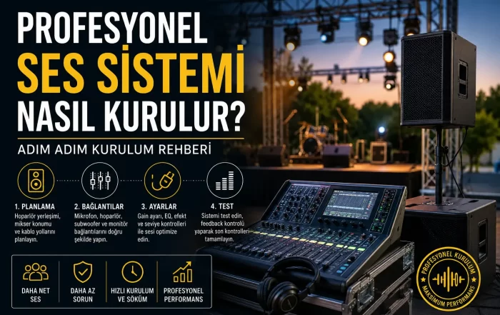 Profesyonel ses sistemi nasıl kurulur? Hoparlör yerleşimi, mikser bağlantısı, kablolama ve canlı etkinlikler için profesyonel ses sistemi kurulum rehberi.